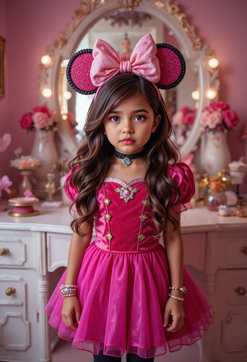 Niño hispano nervioso con disfraz de princesa rosa