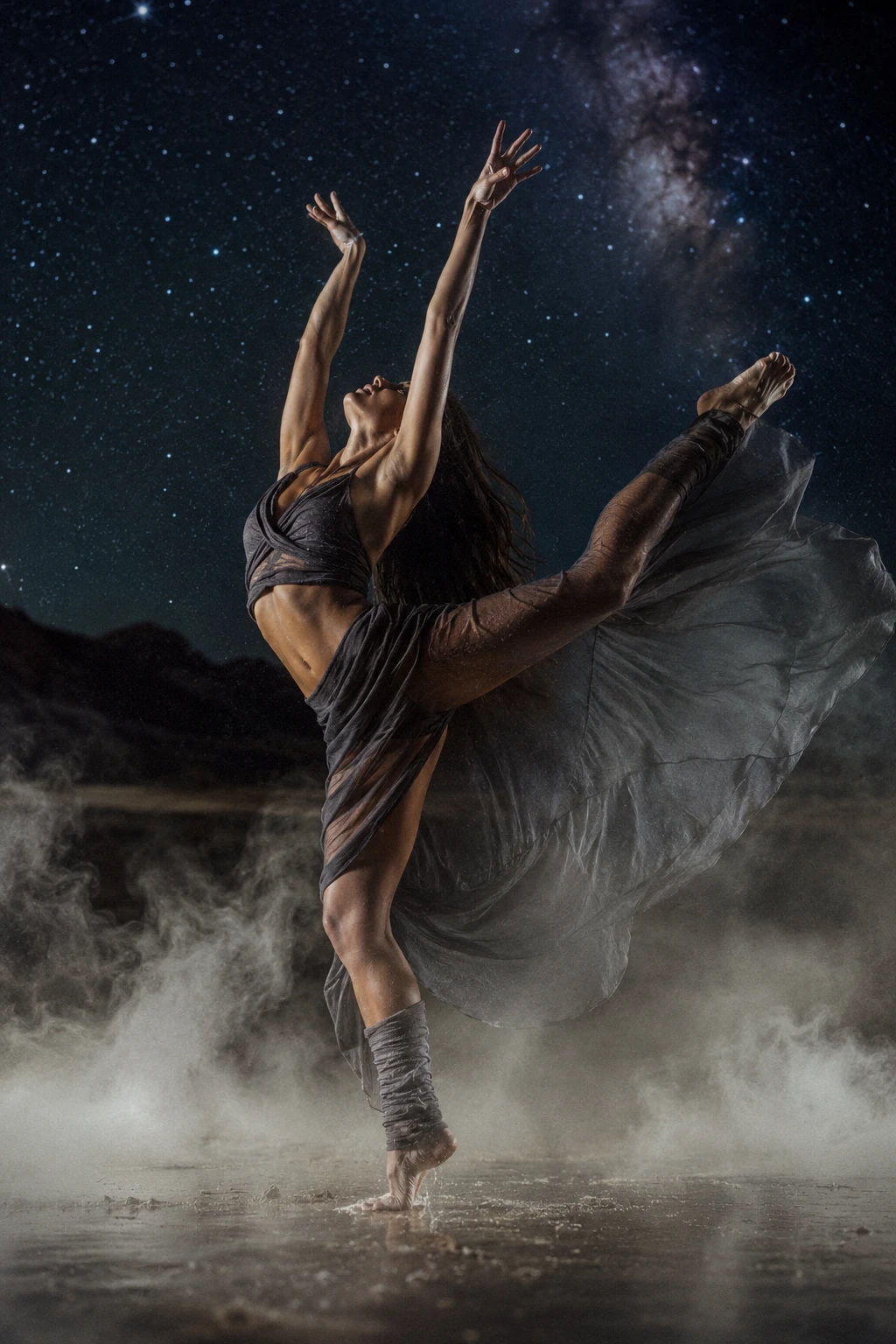 Bailarina descalza arqueándose bajo un cielo estrellado místico
