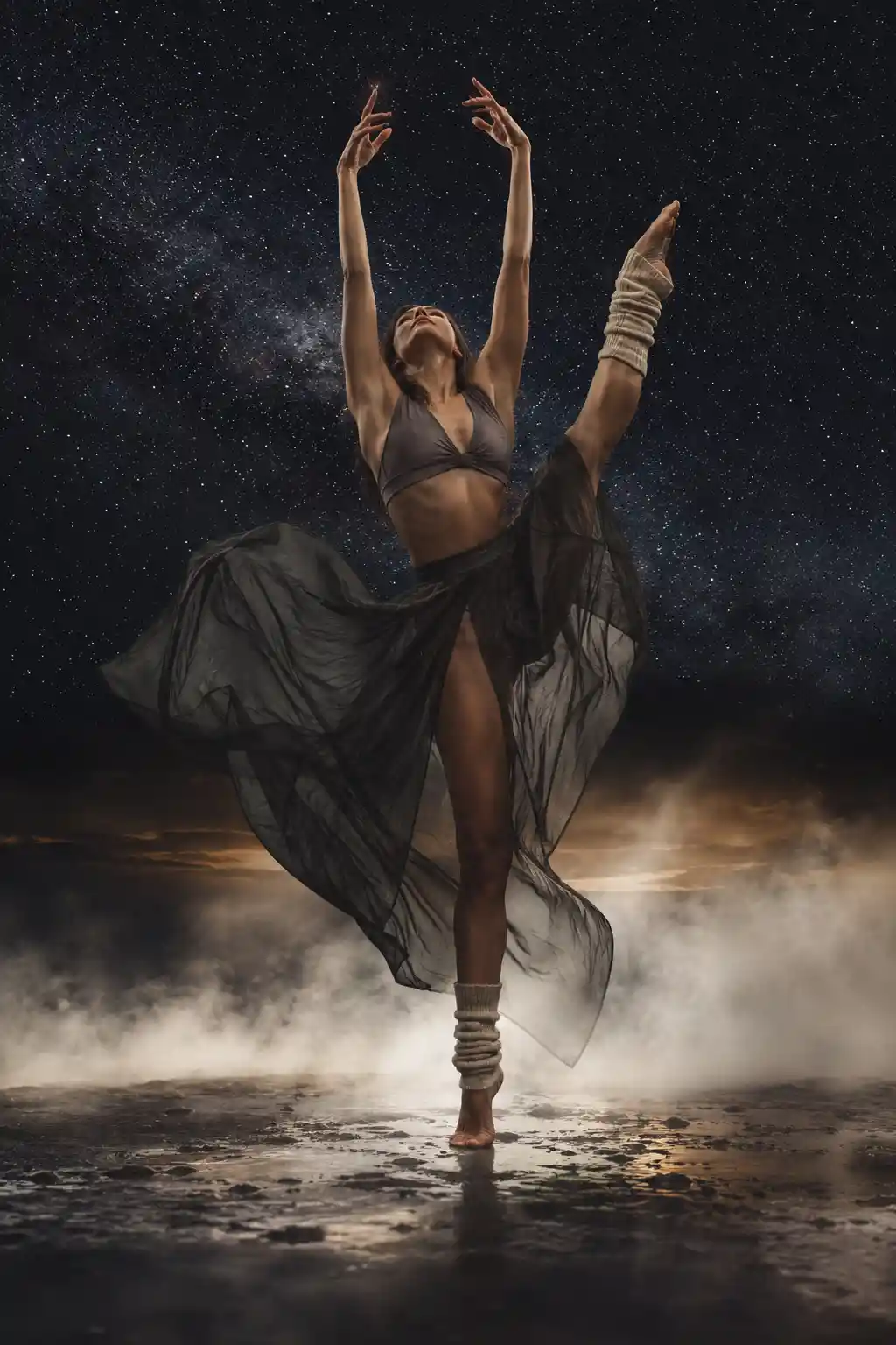 Ballerina a piedi nudi che si inarca sotto un cielo notturno stellato