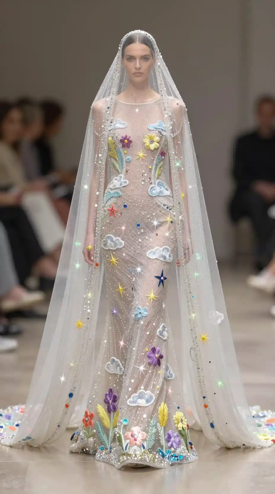Sleek evening dress with luminous embroidered dreamscape cape