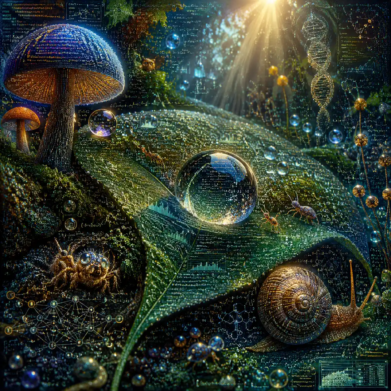Ultra-Makro-Fantasy-Insektenwelt aus Datenpartikeln