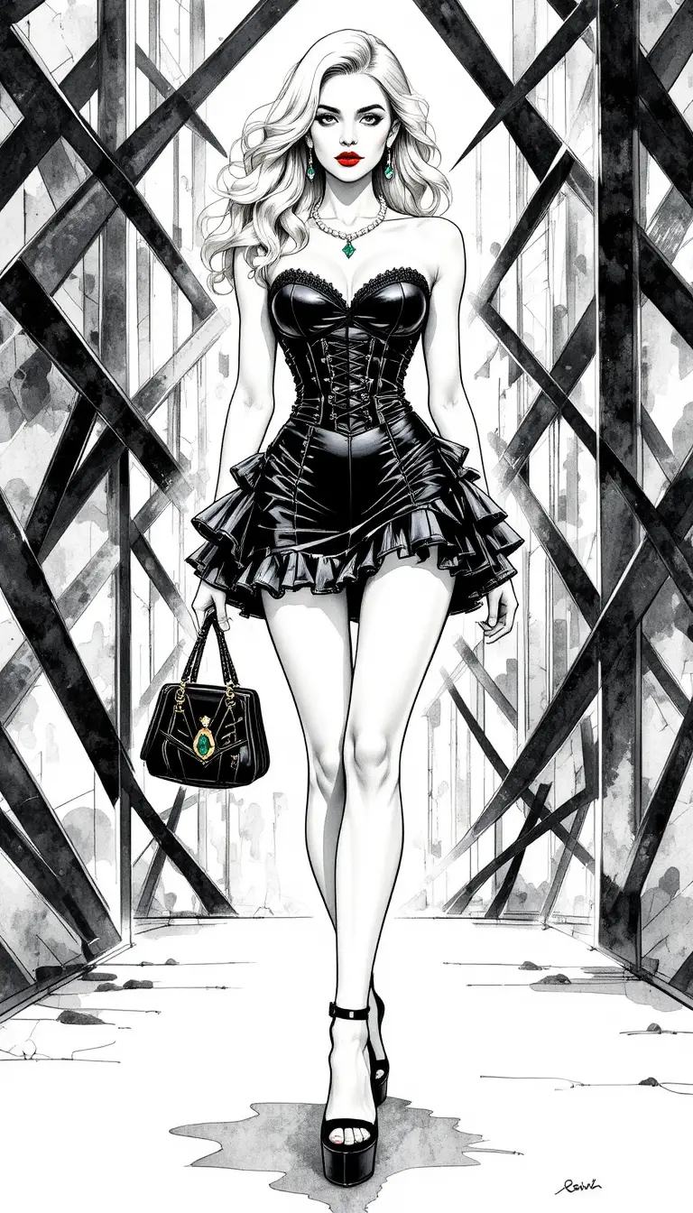 Affascinante donna bionda in completo fashion di pelle nera