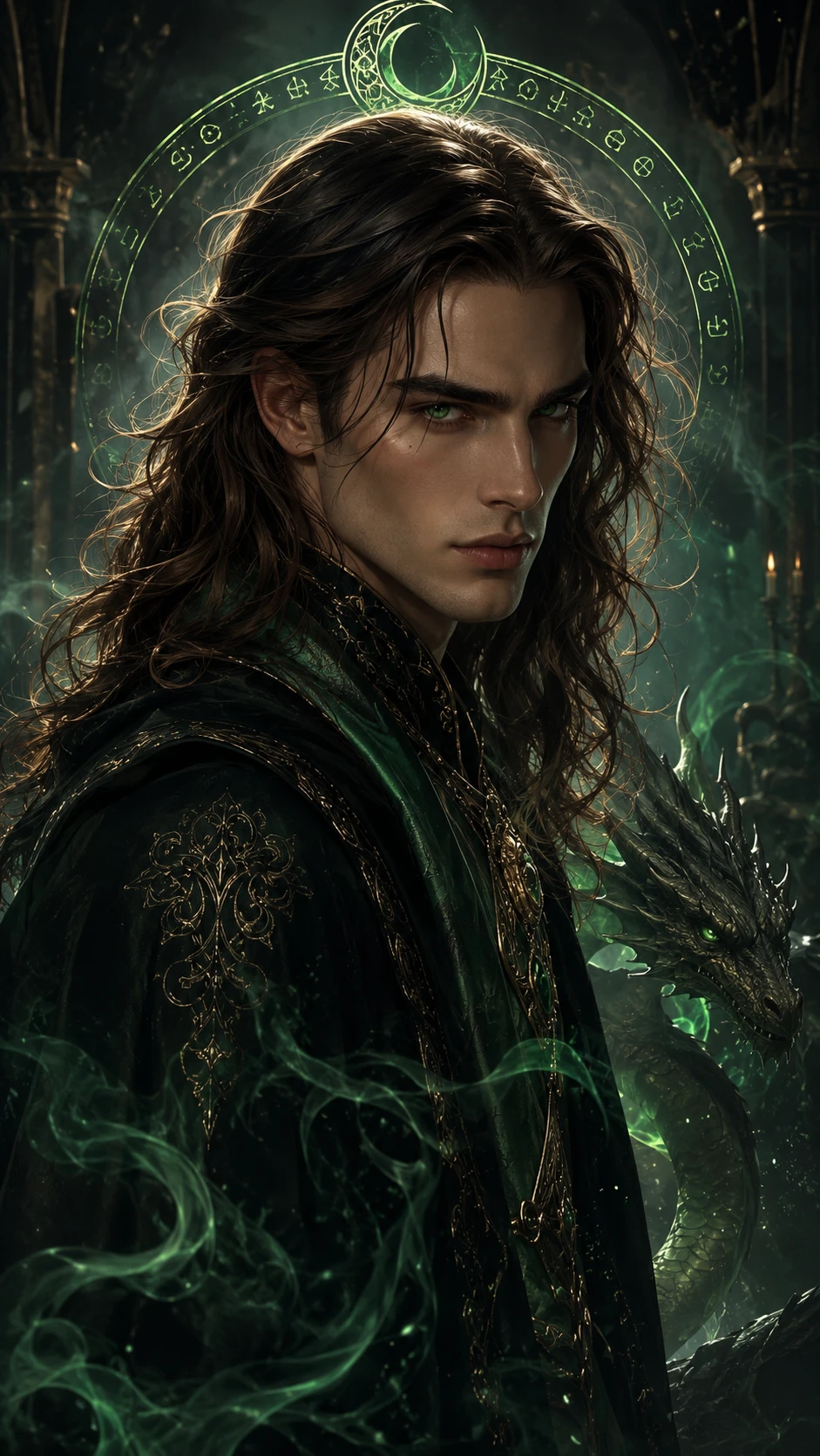 Guapo hombre de ojos verdes en una escena mística y luminosa de fantasía