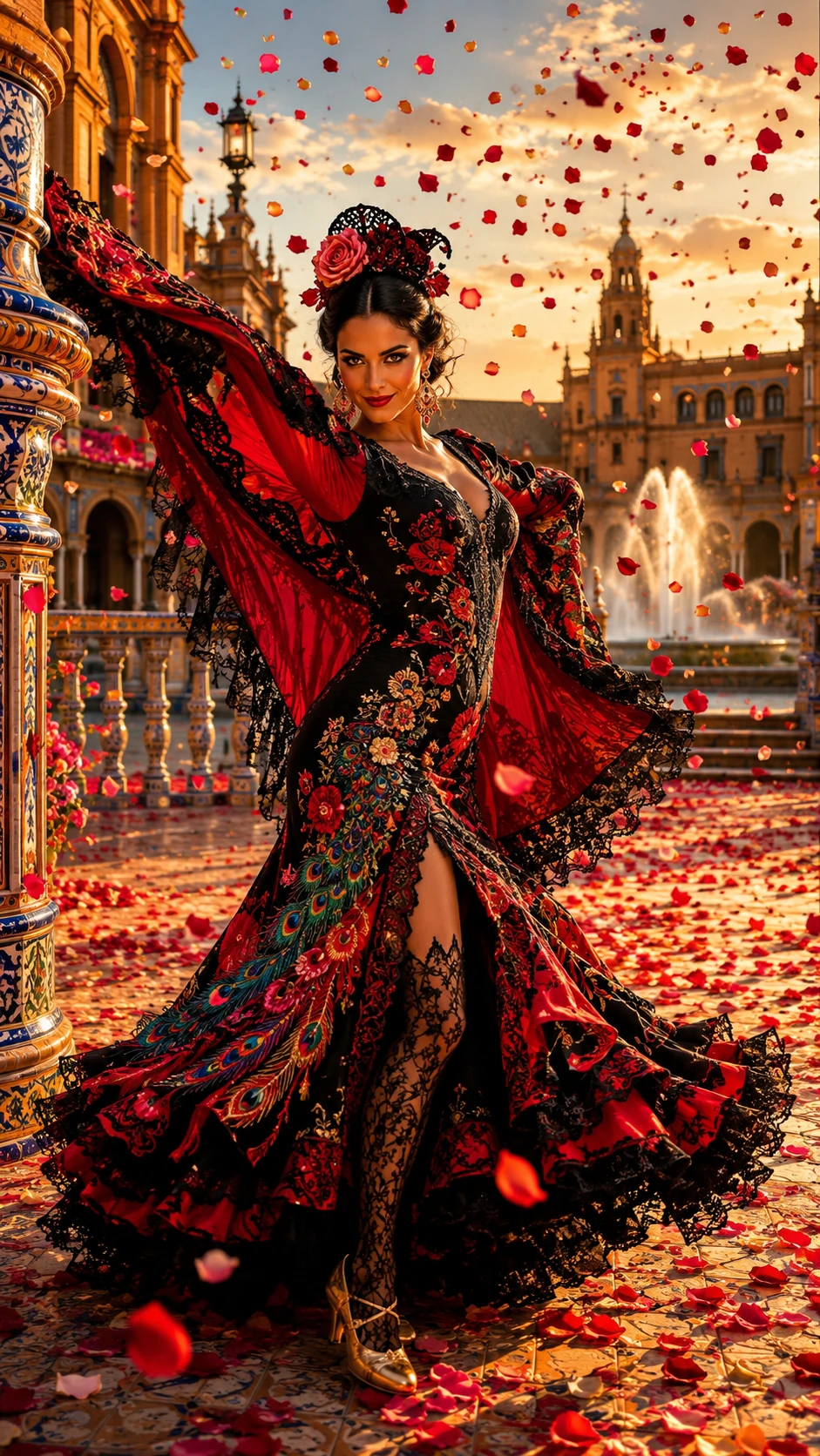 Reina bailaora de flamenco girando en una plaza andaluza bañada por el sol