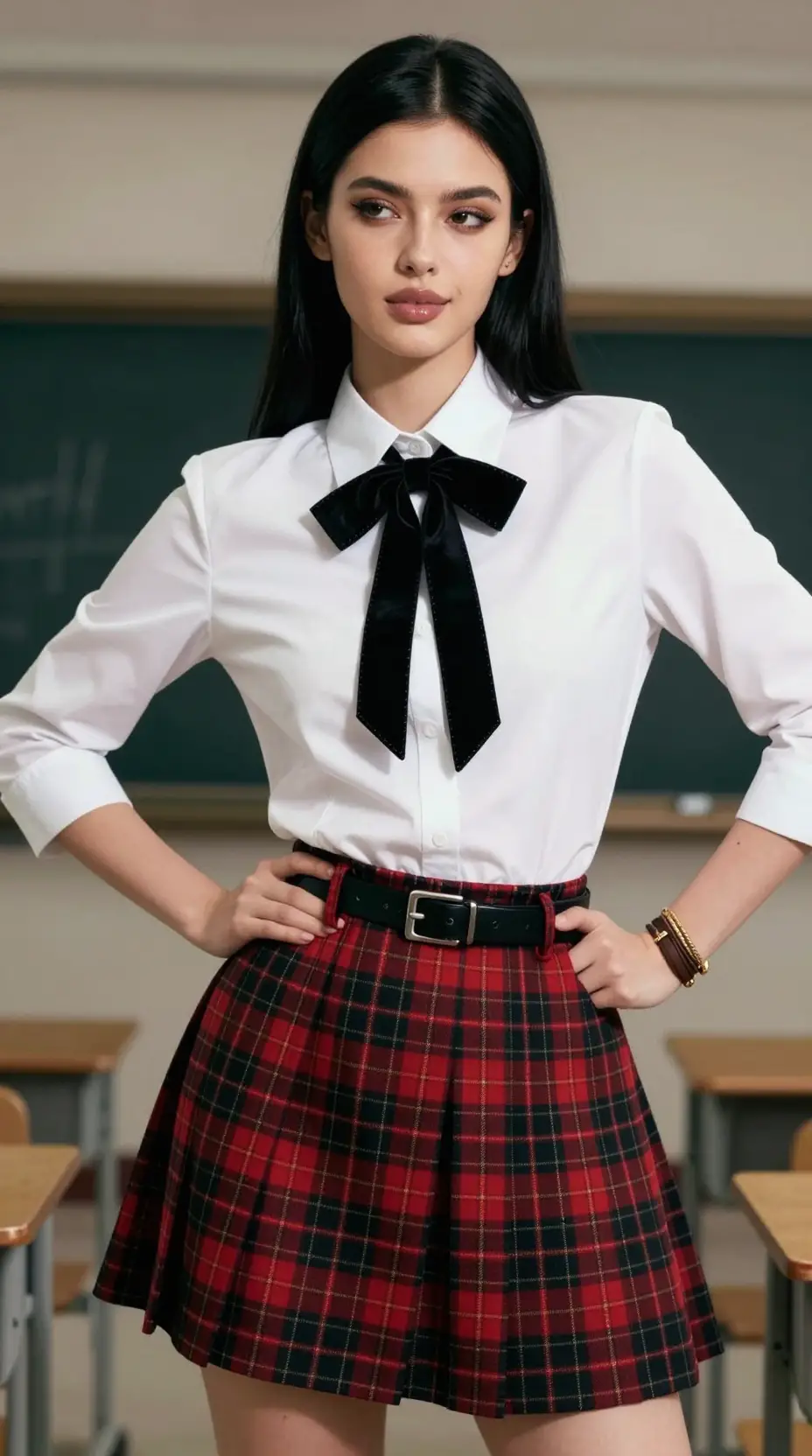 学校の建物の外に立つ白いブラウスの自信に満ちた若い女性