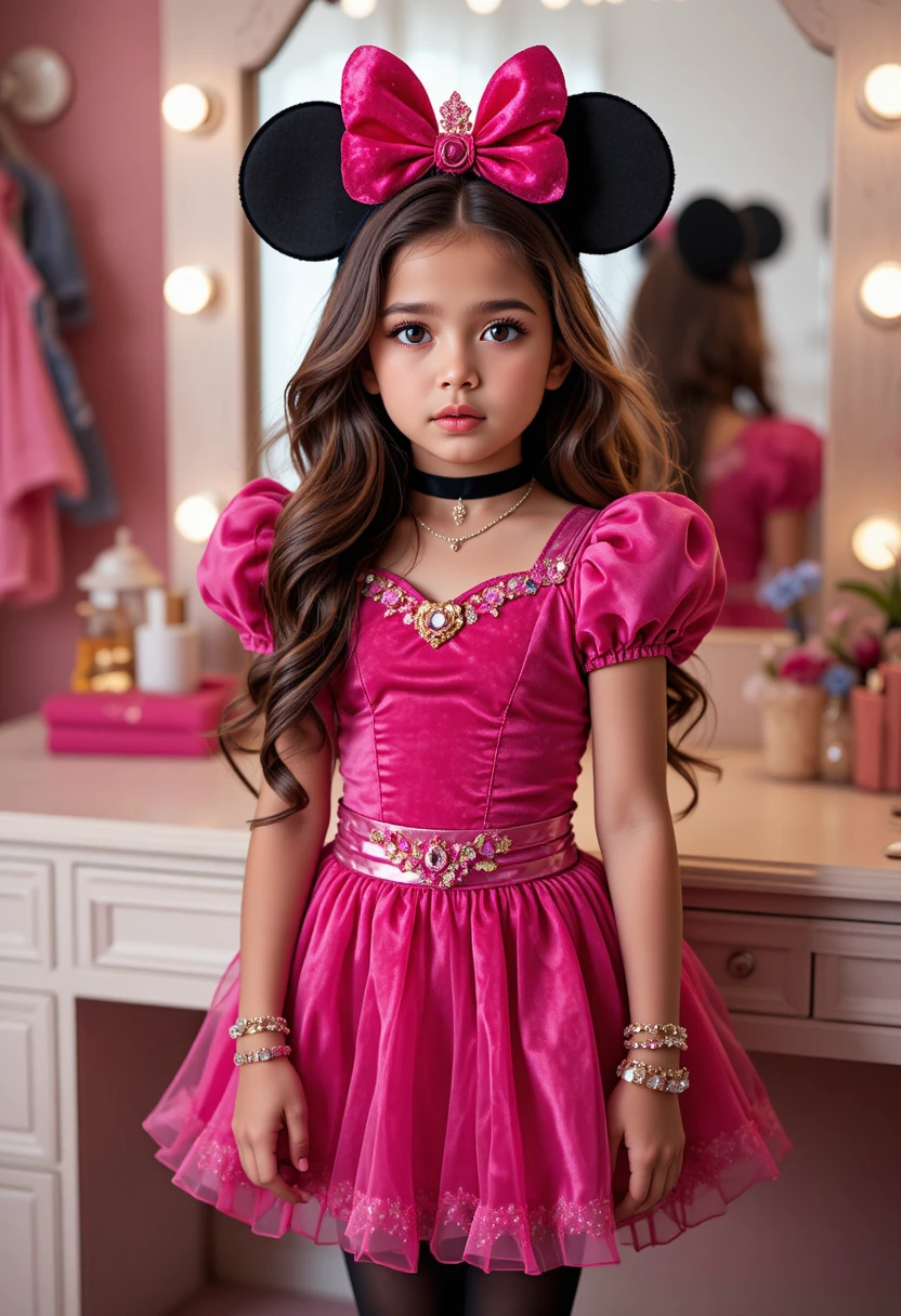 Niño hispano nervioso con disfraz de princesa inspirado en Minnie