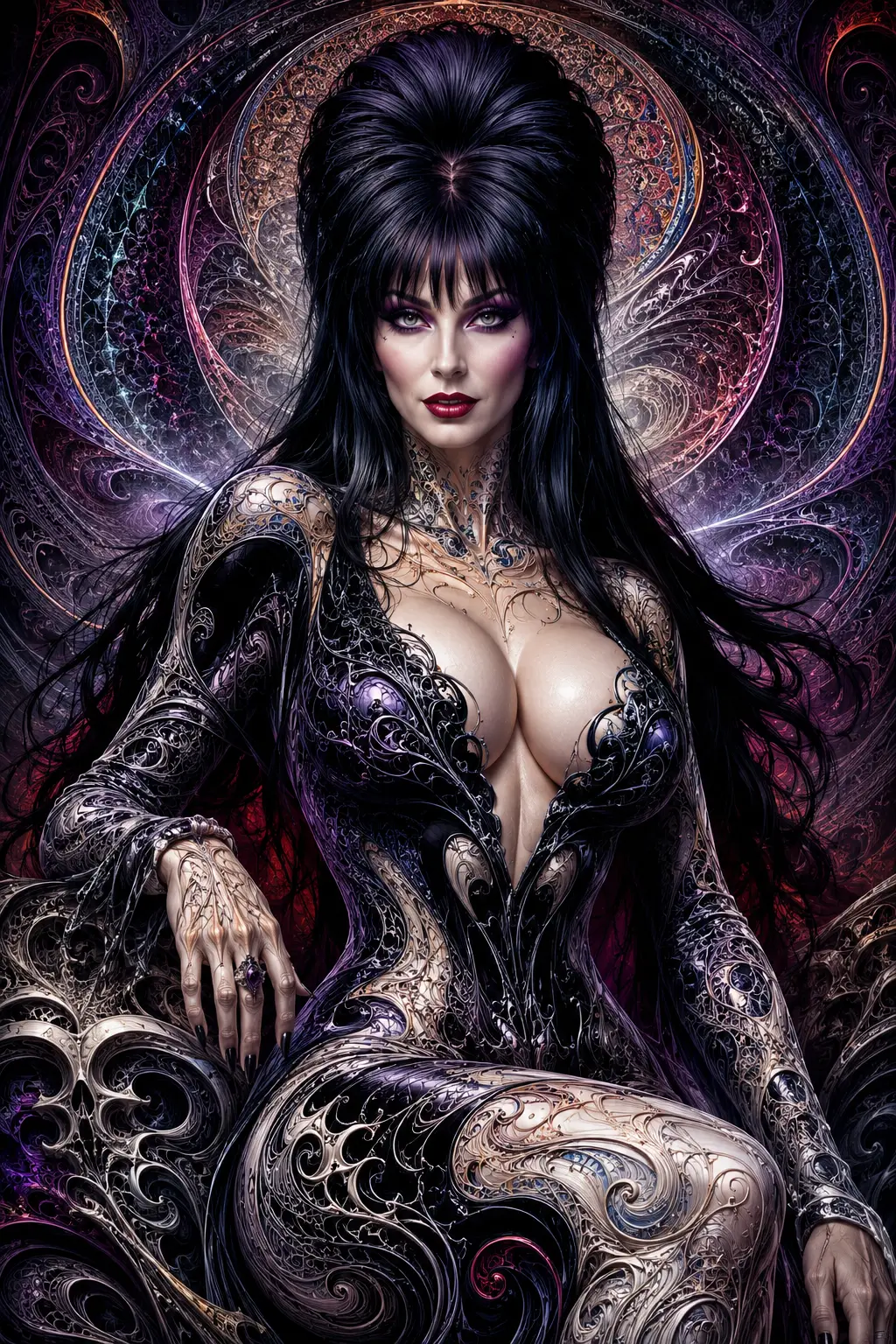 Mythic fantasy woman with gleaming fractal ceramic body