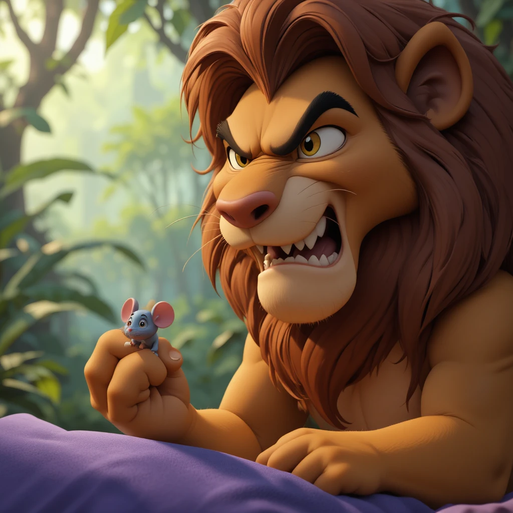 León enfadado sujetando un pequeño ratón en la jungla dibujo 3D