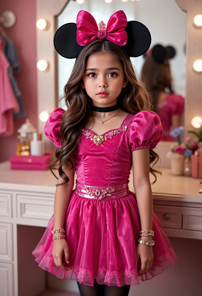 Nervöser hispanischer Junge im von Minnie inspirierten Prinzessinnenkostüm