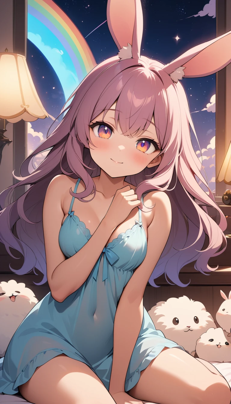 Anime woman sleeping with a fluffy magical rabbit companion