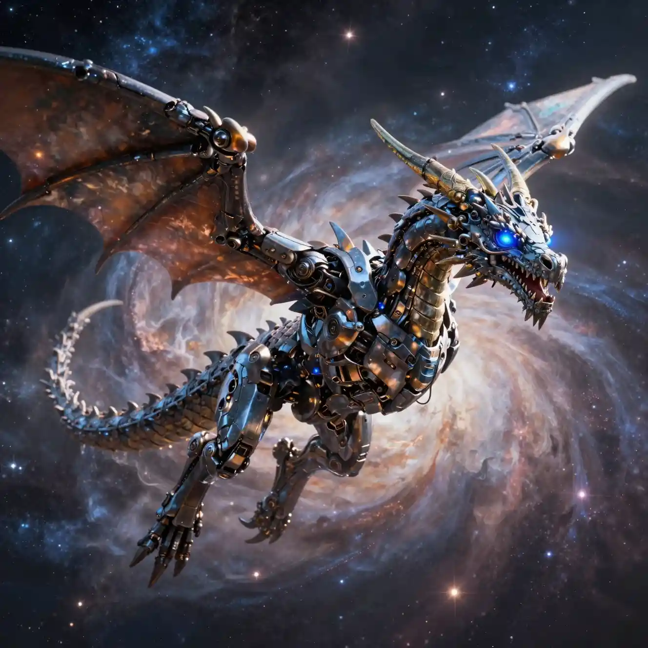 Dragón mecánico surcando una brillante nebulosa cósmica