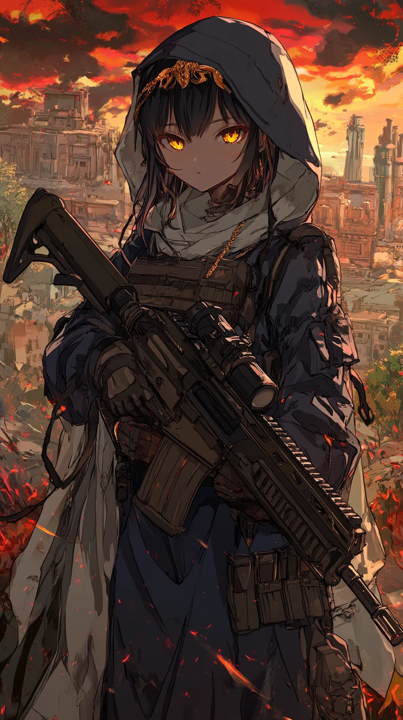 Anime girl on a golden path in a surreal fantasy city
