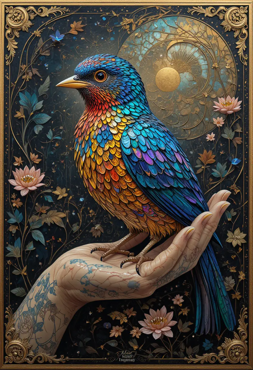 人の手にとまる鳥のシュルレアルなデジタル絵画