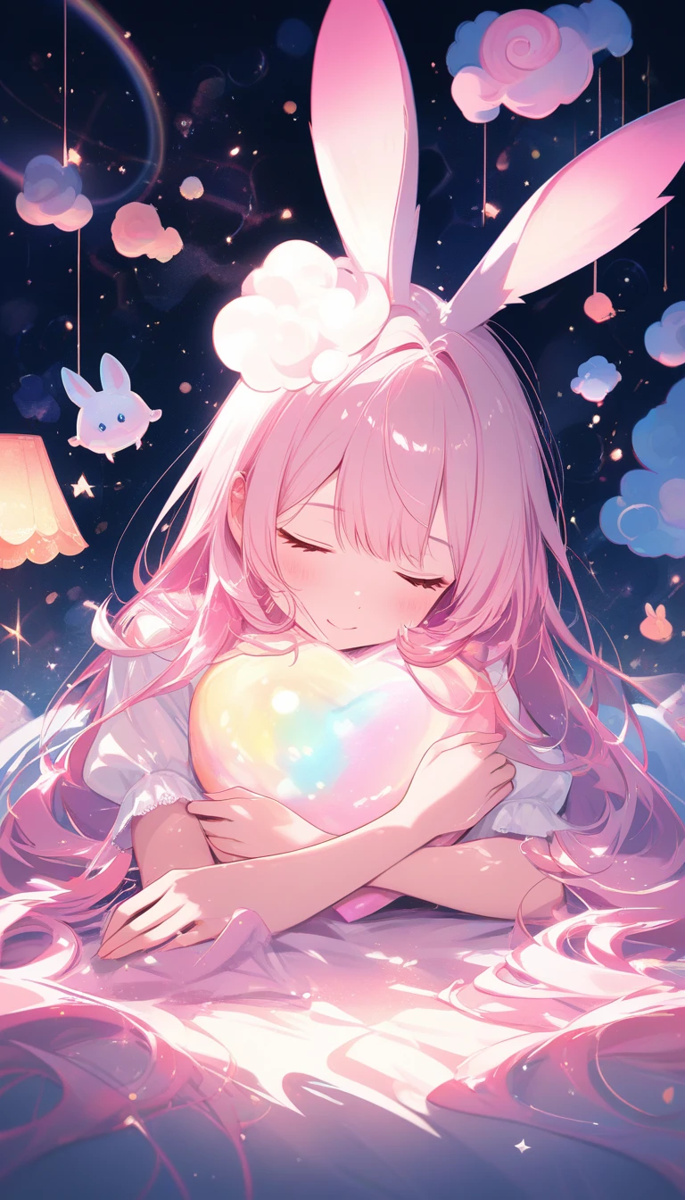 Anime woman sleeping with a fluffy magical rabbit companion