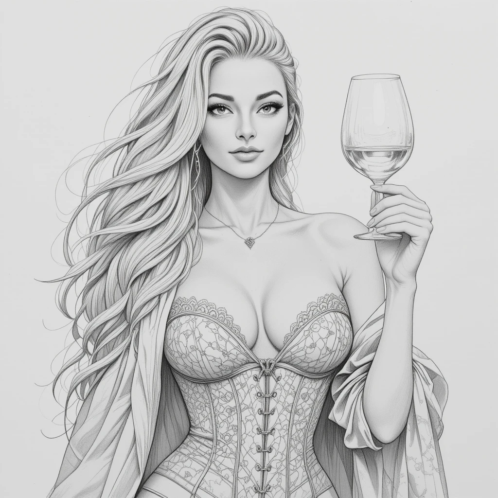Elegante retrato a lápiz de una mujer rubia con copa de vino