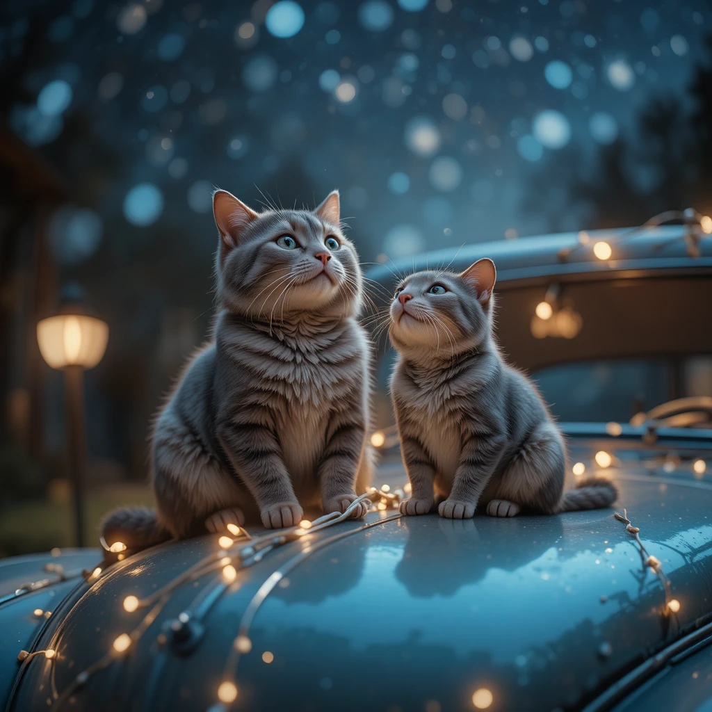 Katze und Babymaus unter leuchtendem Nachthimmel