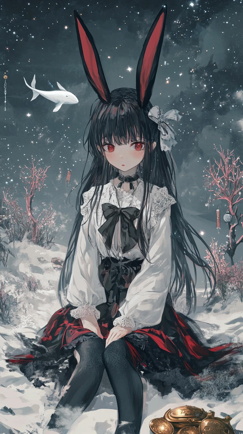 Chica de anime con orejas de conejo y atuendo de fantasía ornamentado