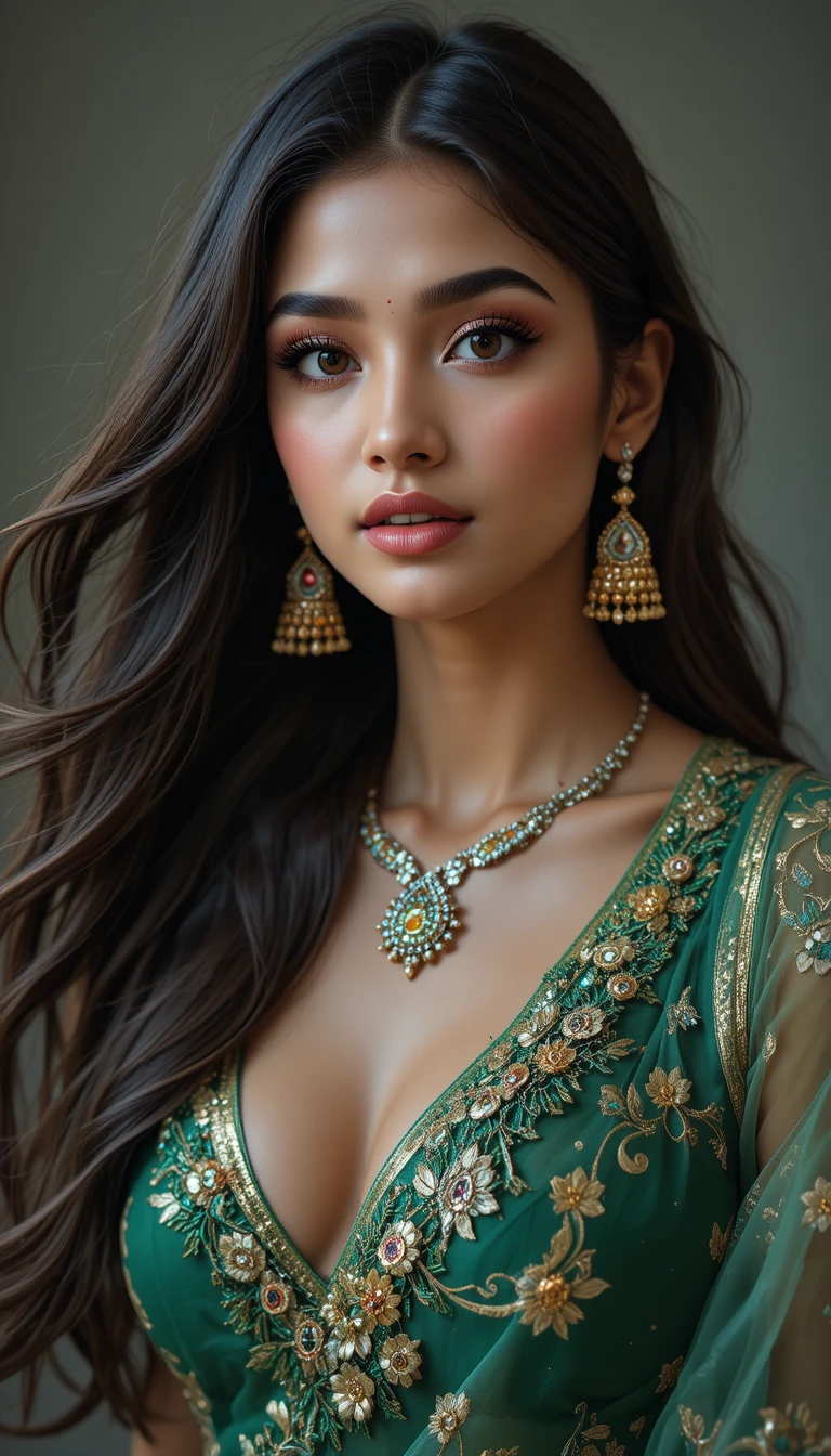 Retrato en primer plano de una joven india con sari verde