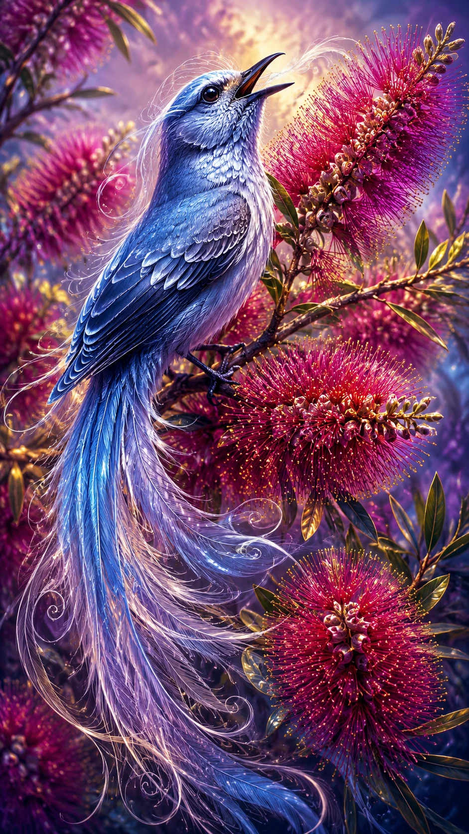 Ave azul plateada cantando en rama florida en ilustración de fantasía