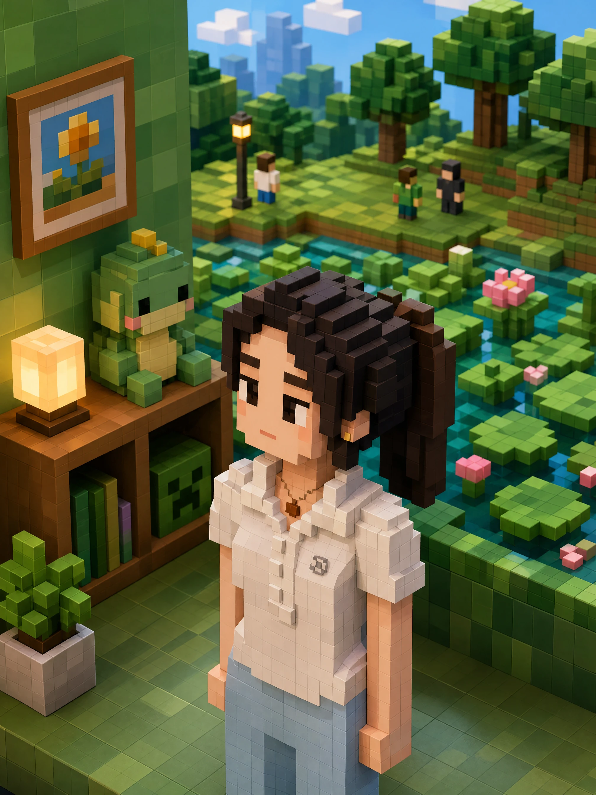 Voxel toy against a green block wall in isometric view