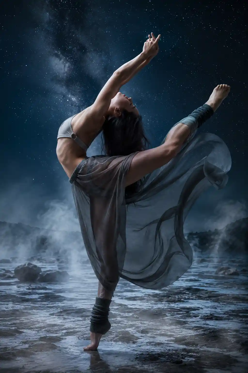 Danseuse pieds nus cambrée sous un ciel nocturne étoilé et mystique
