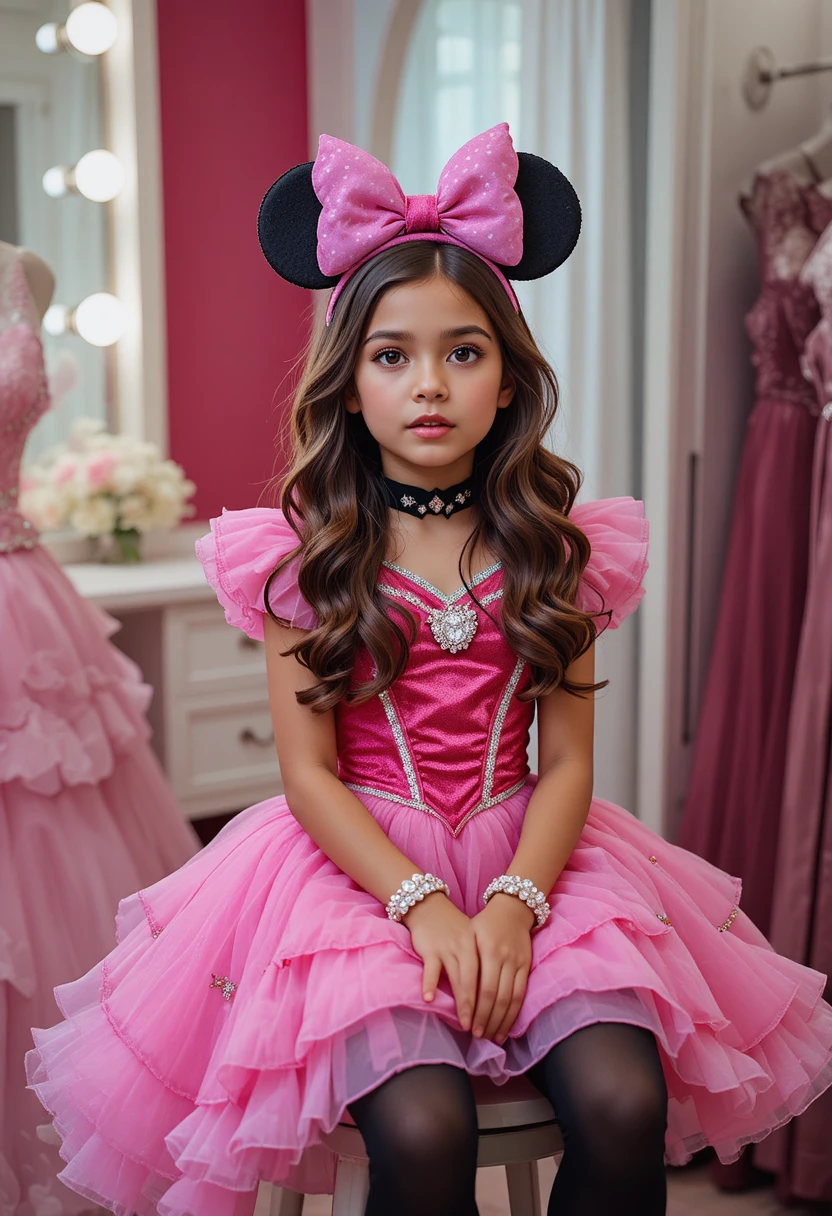 Niño pequeño con vestido de princesa rosa en un taburete de tocador