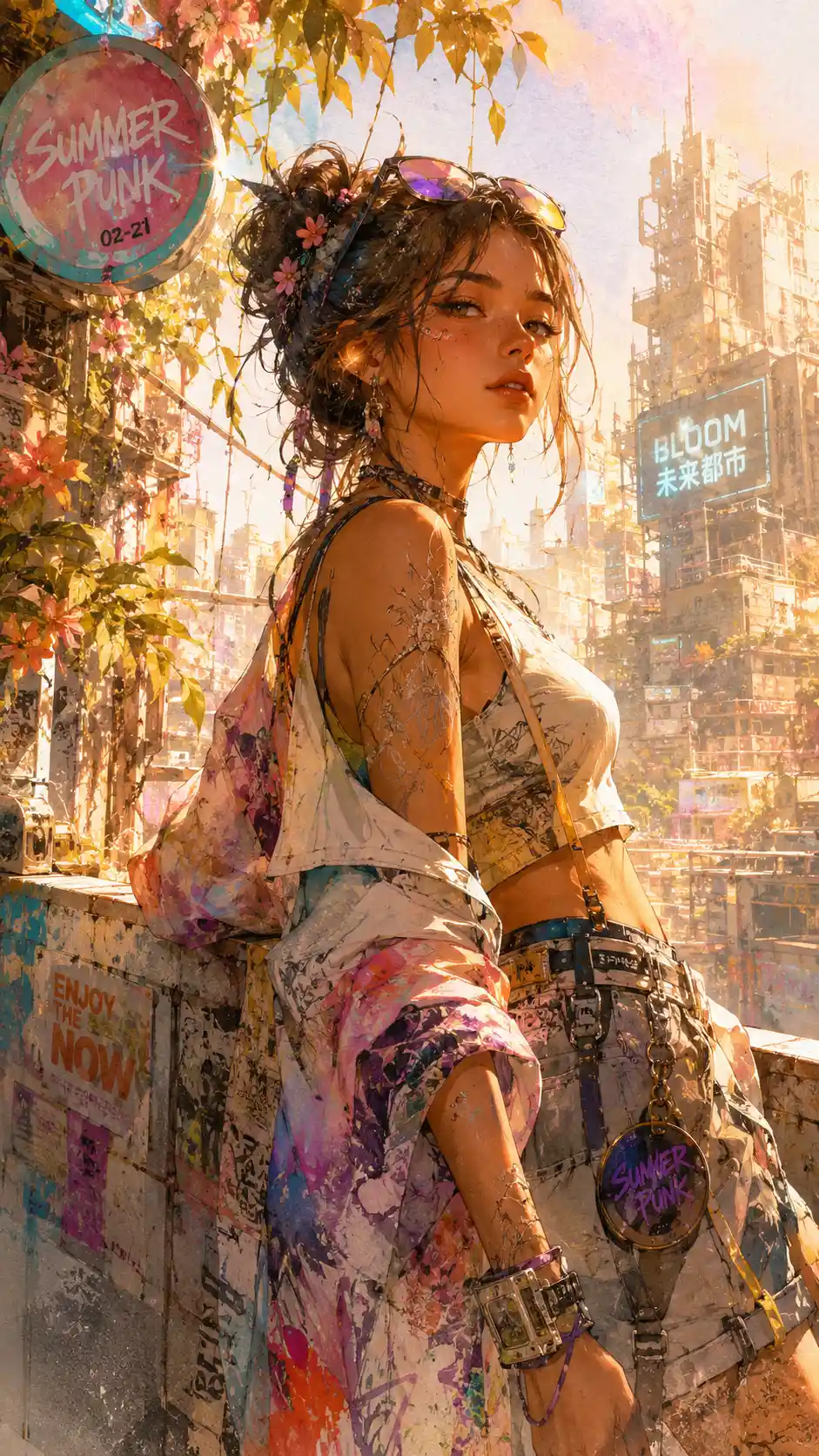 Mujer summerpunk en una calle futurista luminosa