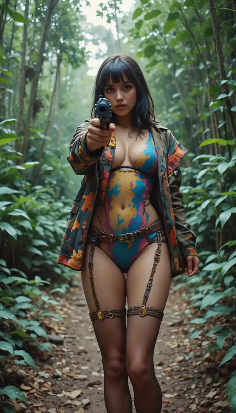 Mujer avergonzada apuntando con un rifle de asalto en la jungla