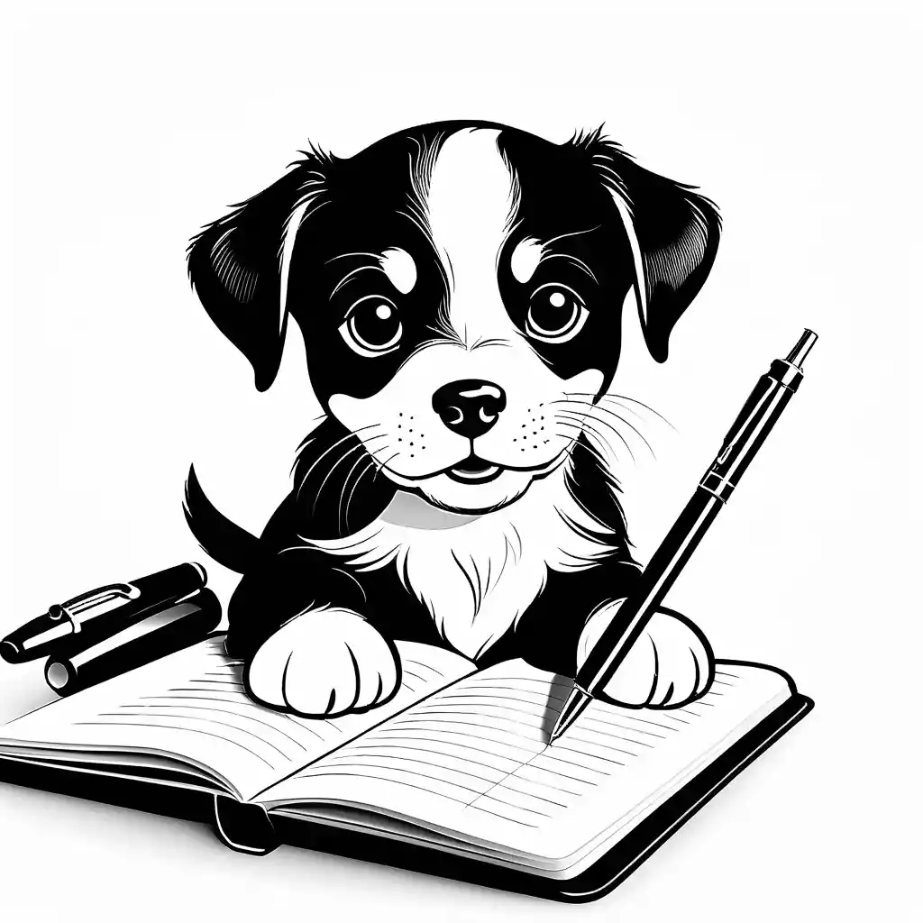 Cute puppy writing in a notebook in disney style illustration