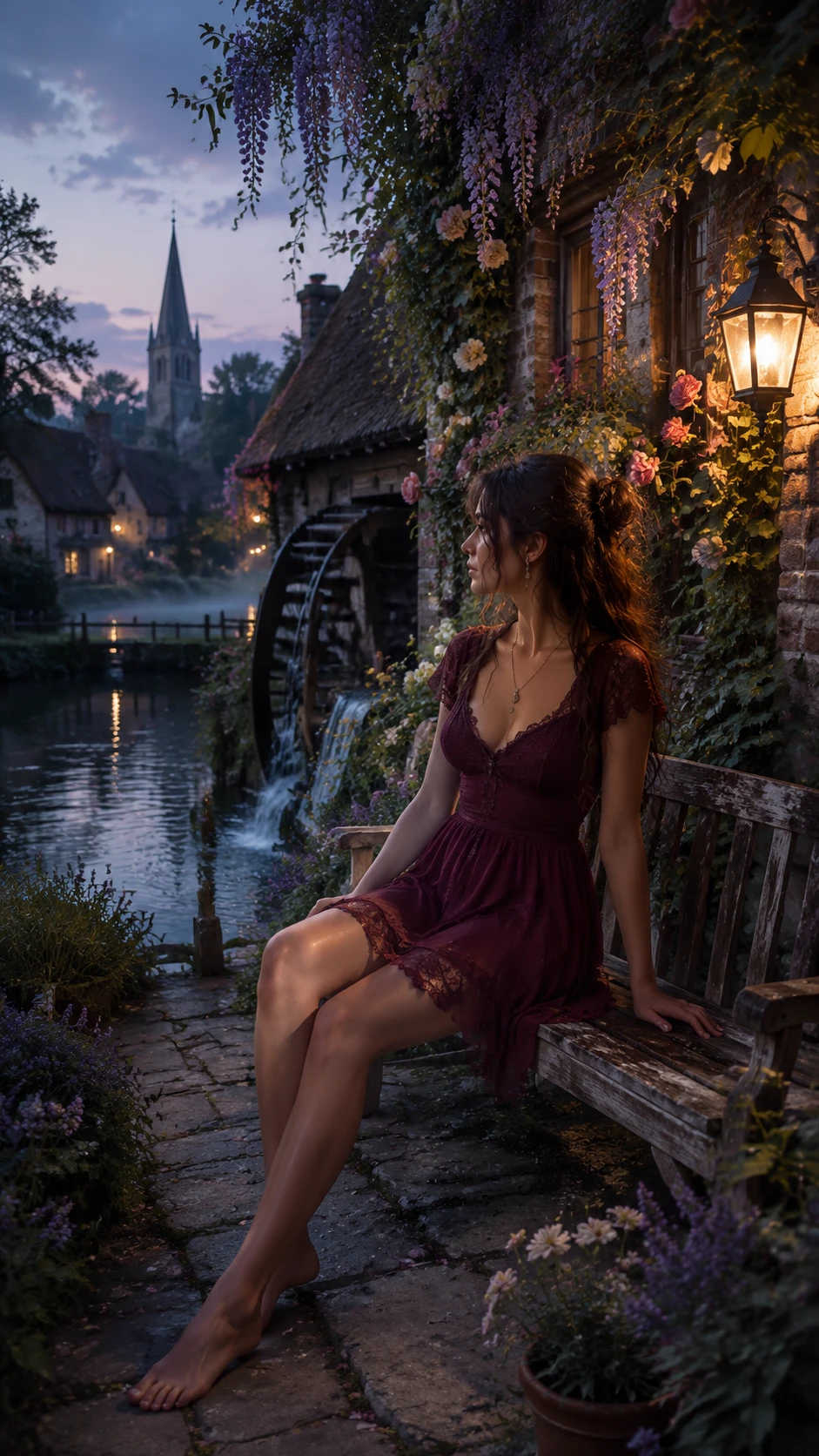 Joven junto a un estanque de molino al atardecer en un jardín inglés