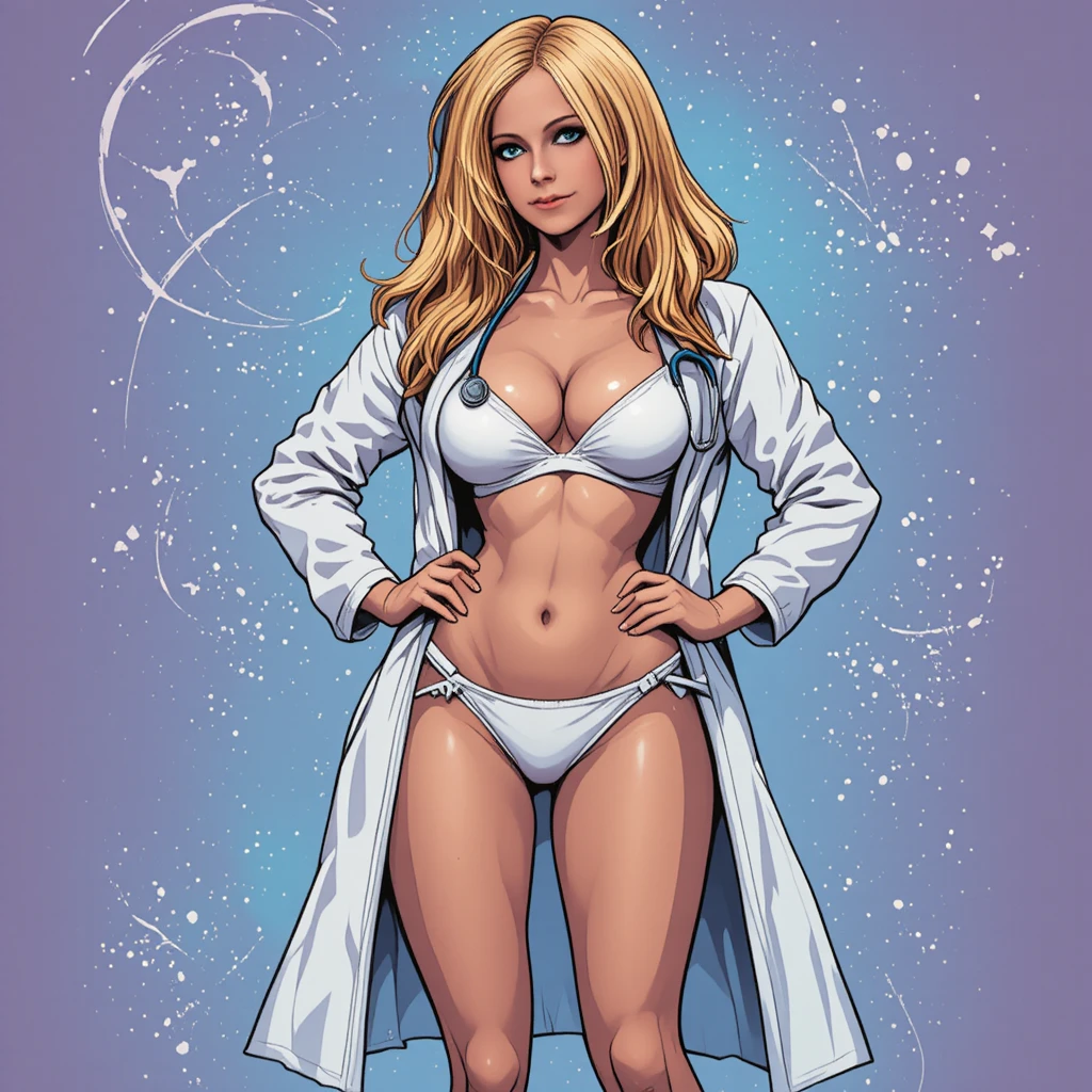 Curvy woman in white bikini and lab coat with stethoscope