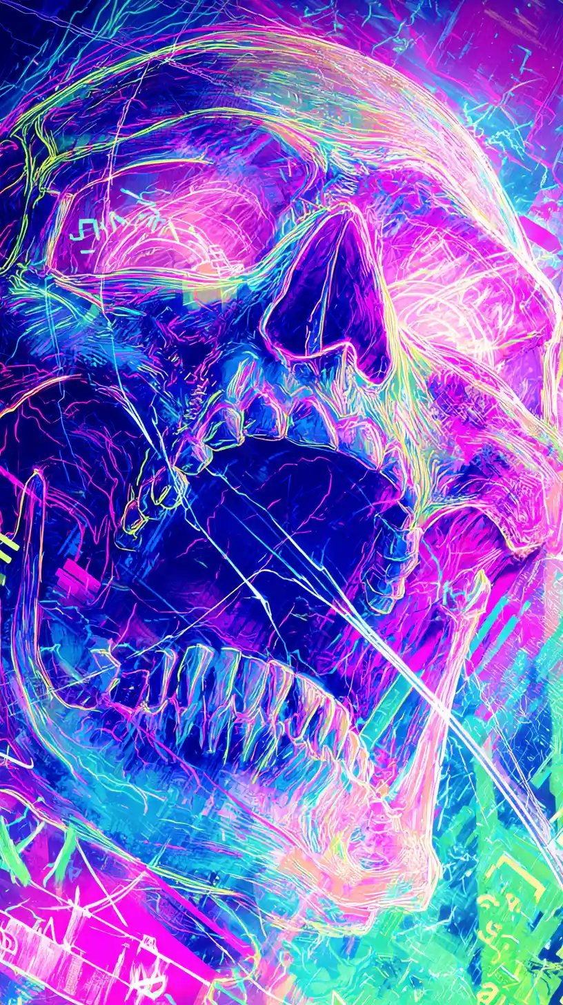 Neon double exposure zombie face in chaotic glowing colors