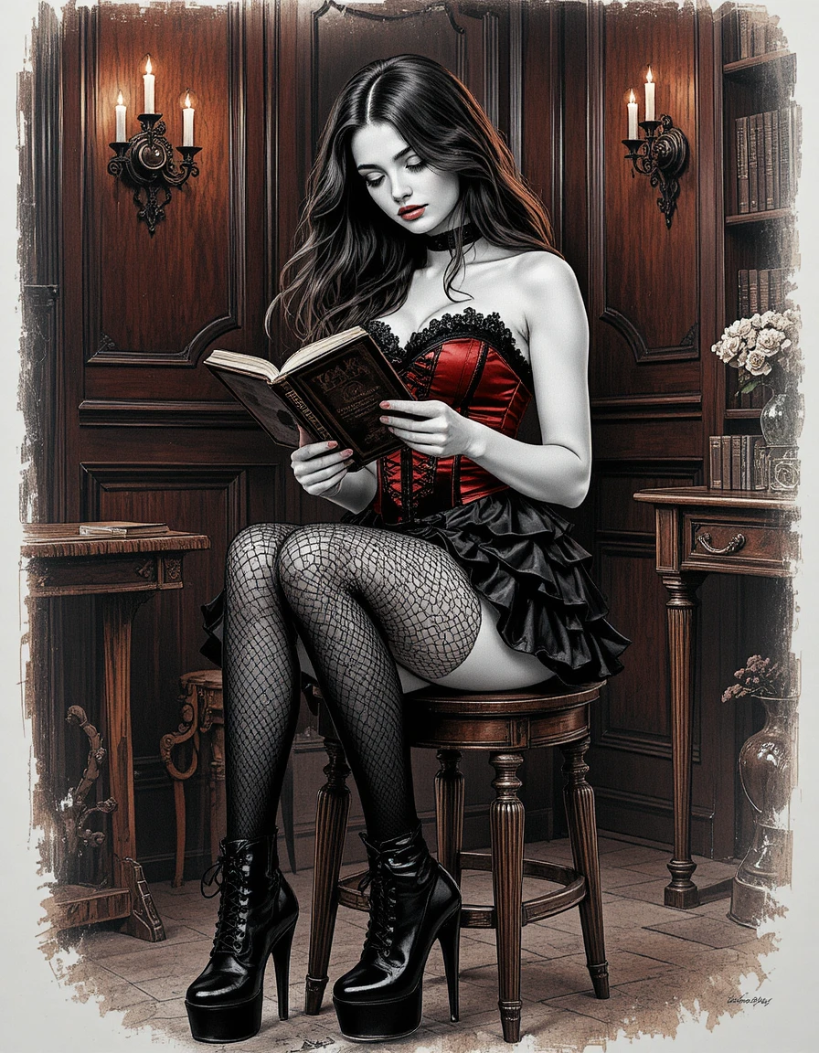 Mujer de cabello oscuro leyendo con un corsé gótico rojo