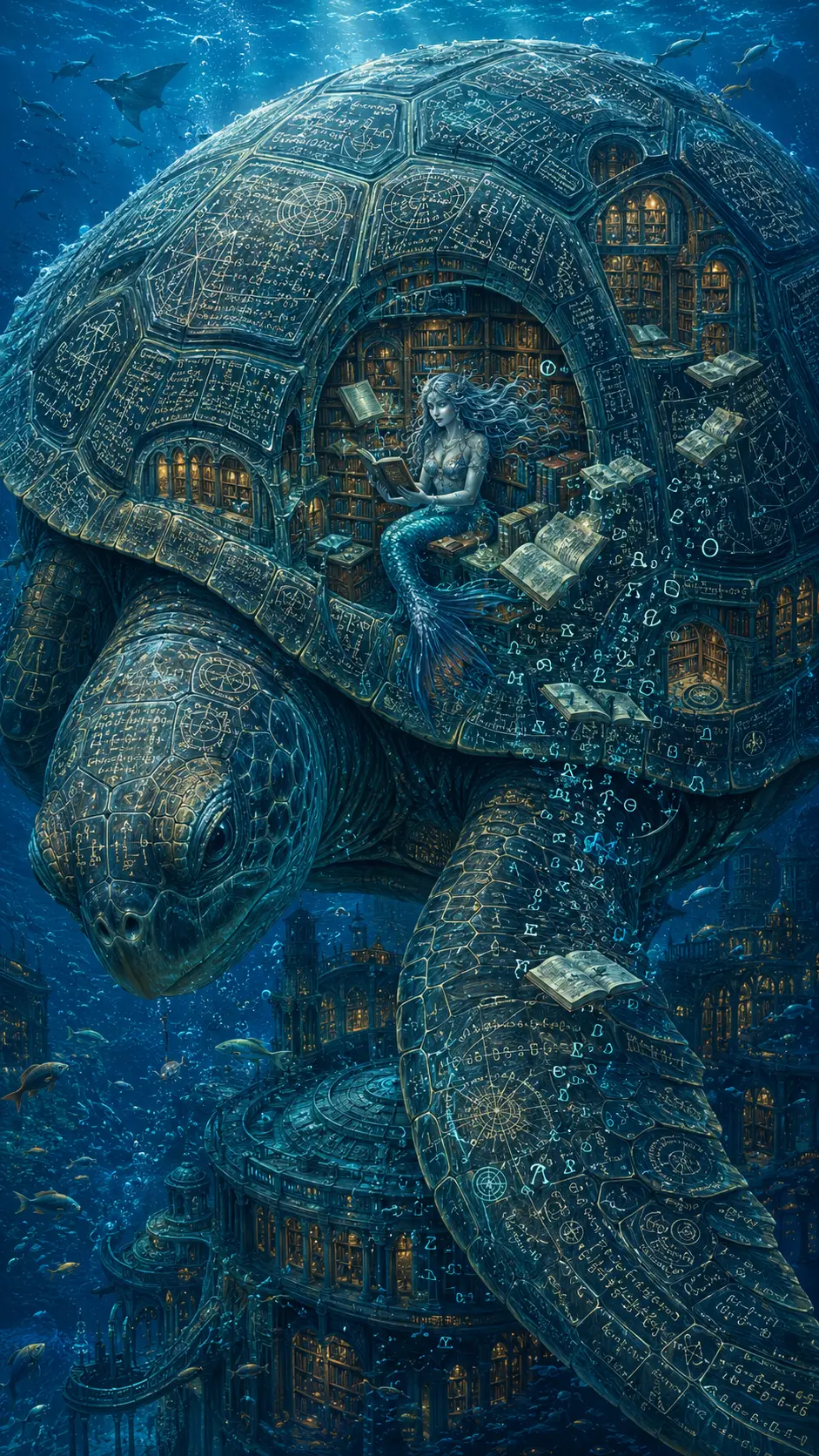 Ancient Sea Turtle Bearing An Underwater Library Shell