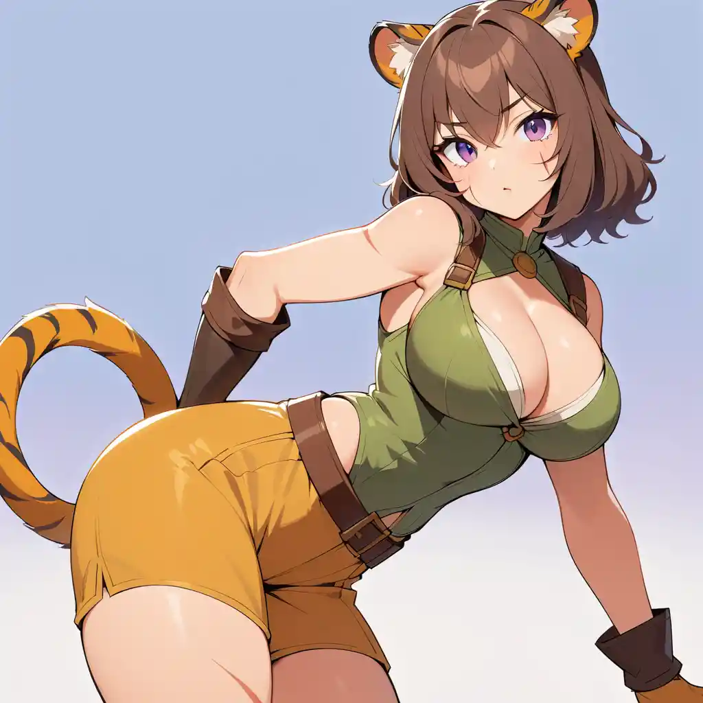 Curvy adventurer woman with tiger ears and violet eyes