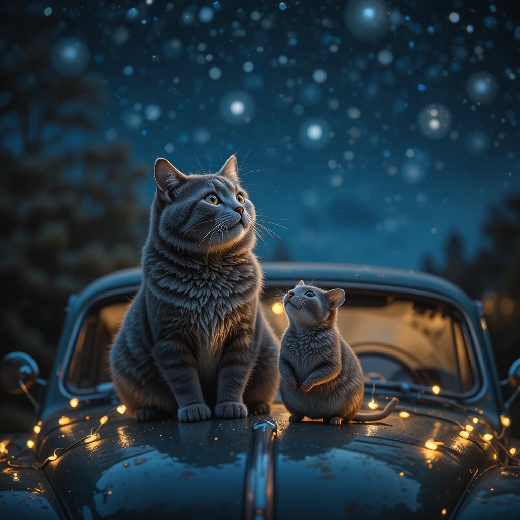 Cat and baby mouse under a starry night sky