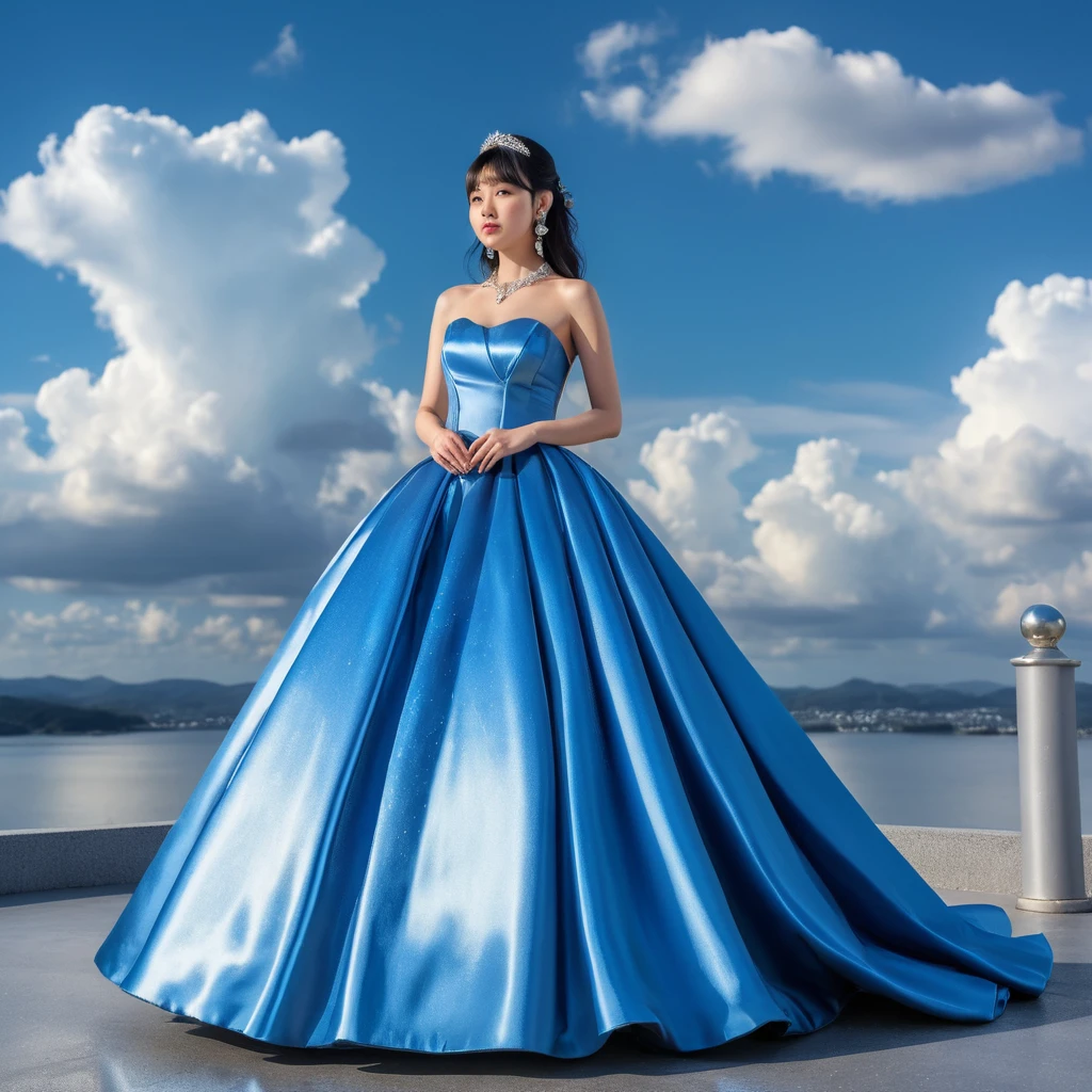 Chica con elegante vestido de satén azul de pie en el cielo