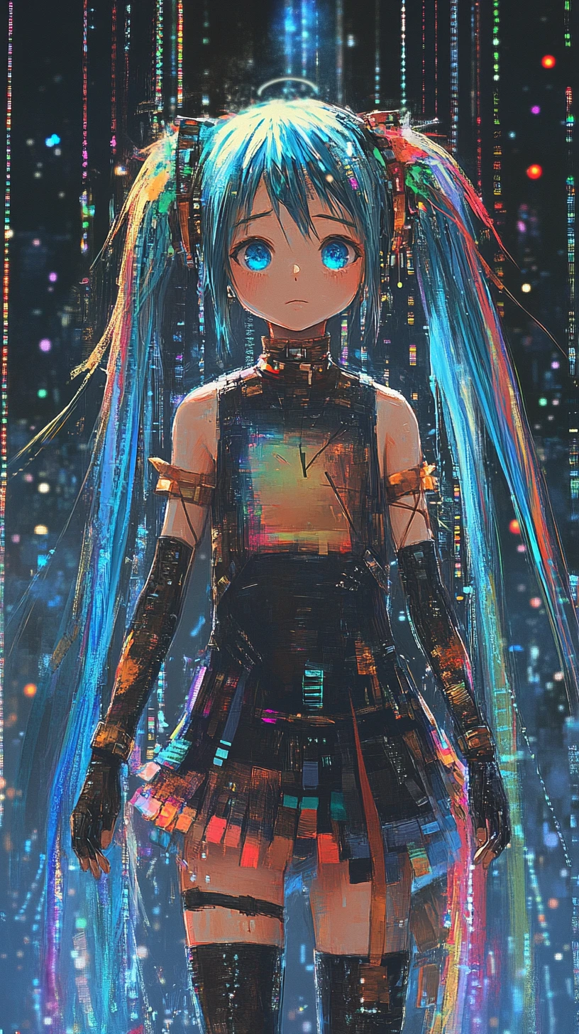 Chica de anime disolviéndose en un fondo colorido pixelado
