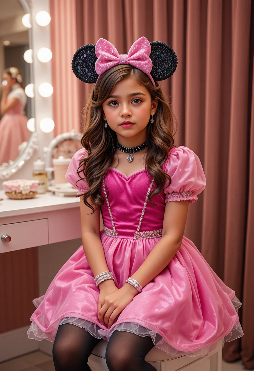 Niño nervioso disfrazado de princesa frente al tocador