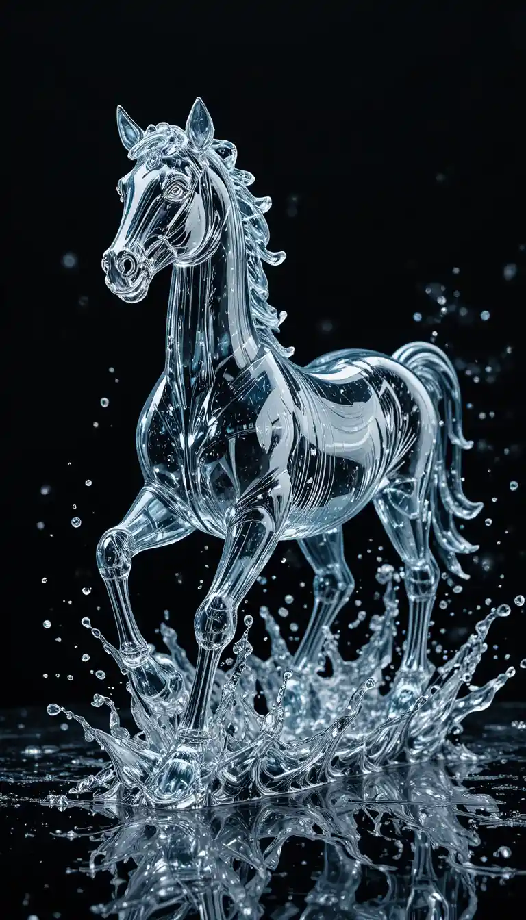 Cavallo di vetro trasparente che trotta tra acqua cadente su sfondo nero