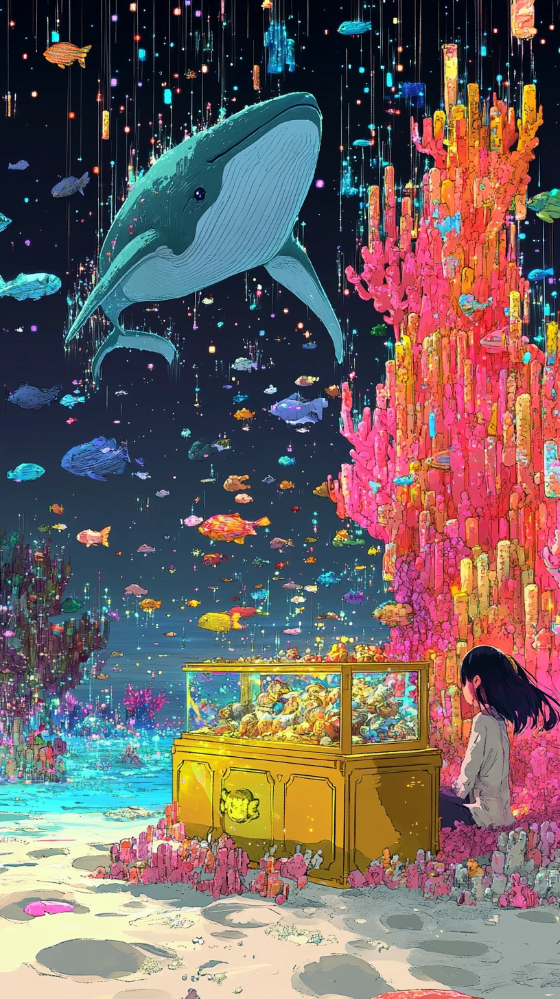 Chica de anime disolviéndose en píxeles de colores en un mundo surrealista
