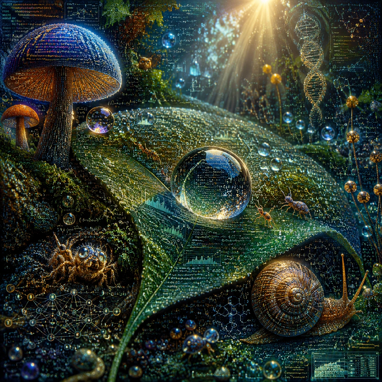 Ultra-Makro-Fantasy-Insektenwelt aus Datenpartikeln