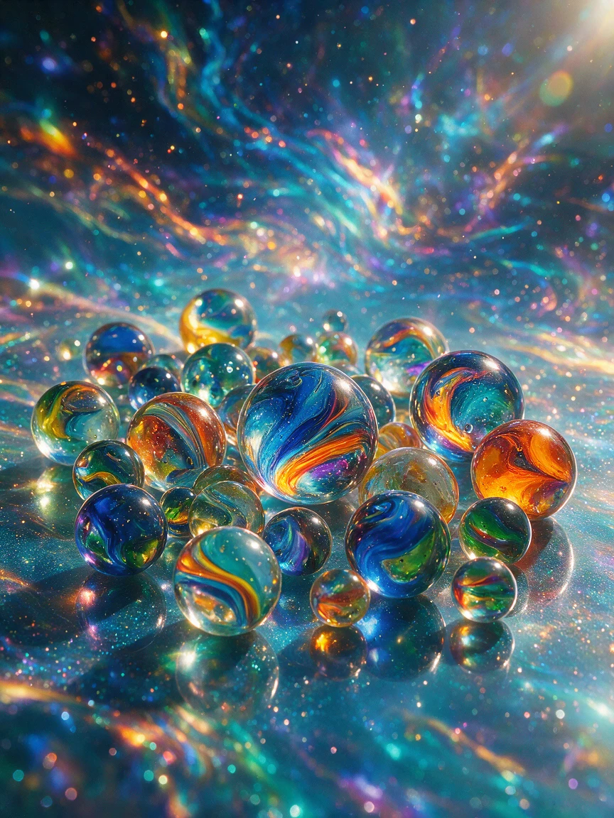 Canicas flotando en una escena digital surreal y cinematográfica