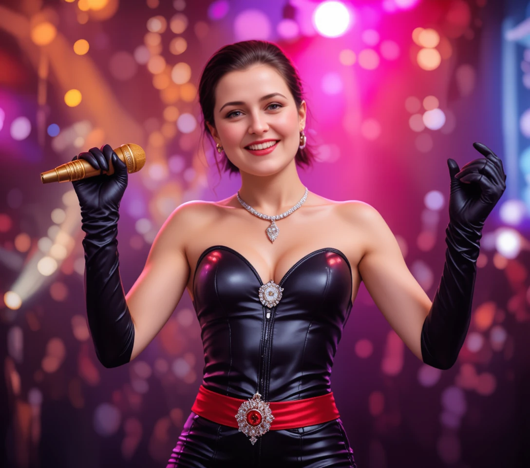 Mujer en el escenario sosteniendo un micrófono dorado con guantes
