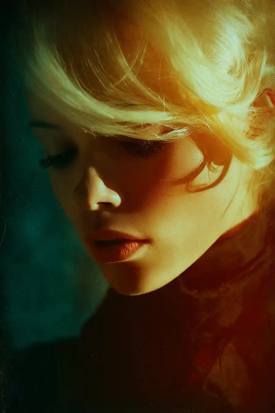 Surreal close up portrait of a blonde girl in bold colors