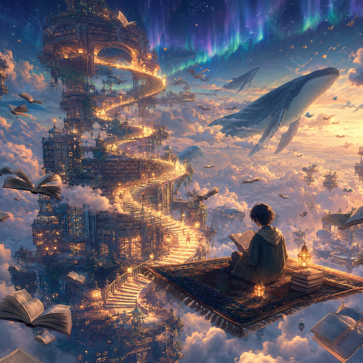 Biblioteca flotante en nubes resplandecientes con libros voladores