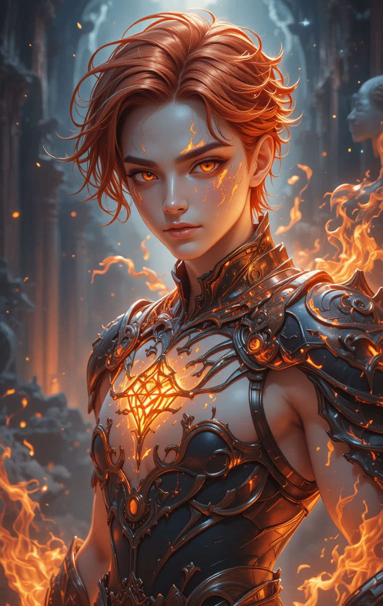 Guerrero fénix de fuego musculoso con oscura armadura de anime