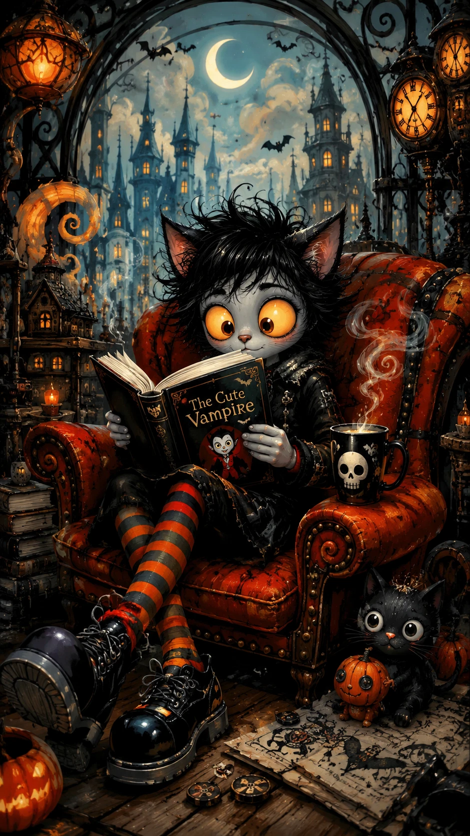 Hombre de aspecto felino leyendo un libro gótico de vampiros
