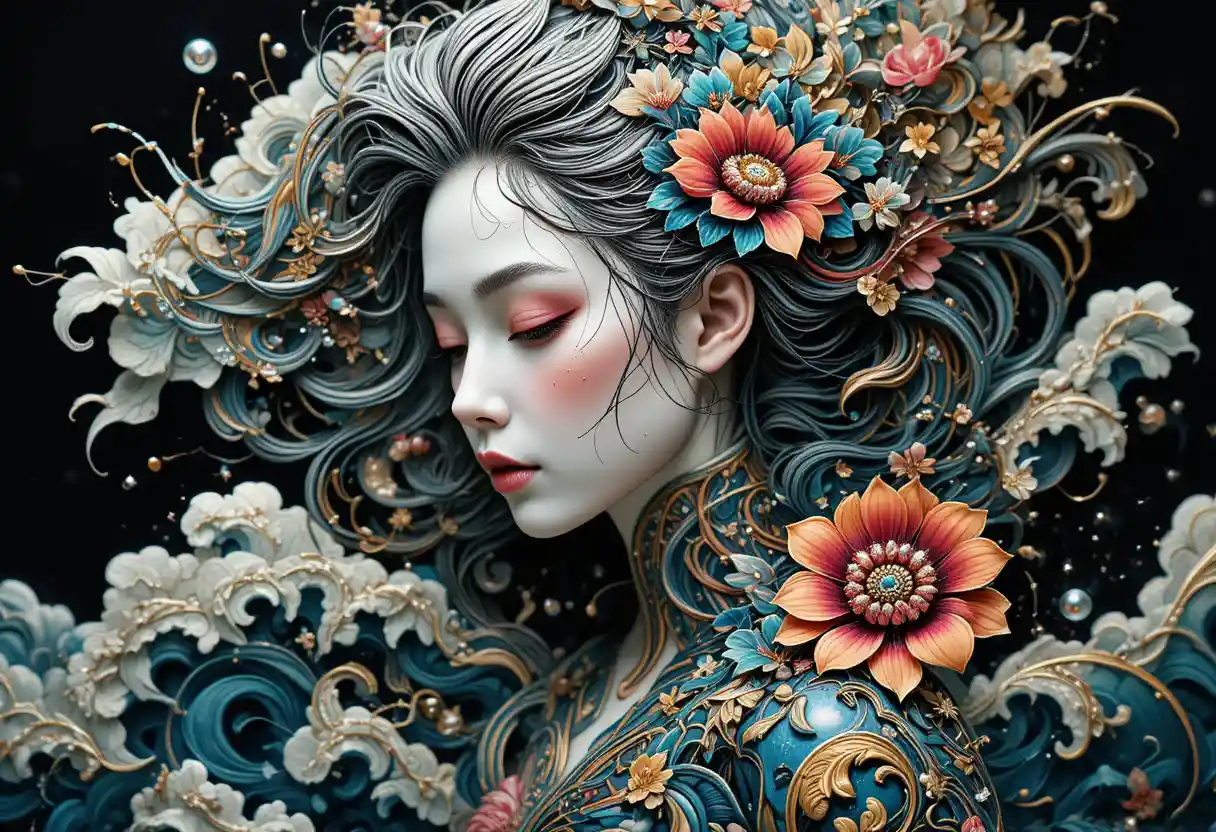 Surreal underwater tattooed woman with flowing ocean motifs