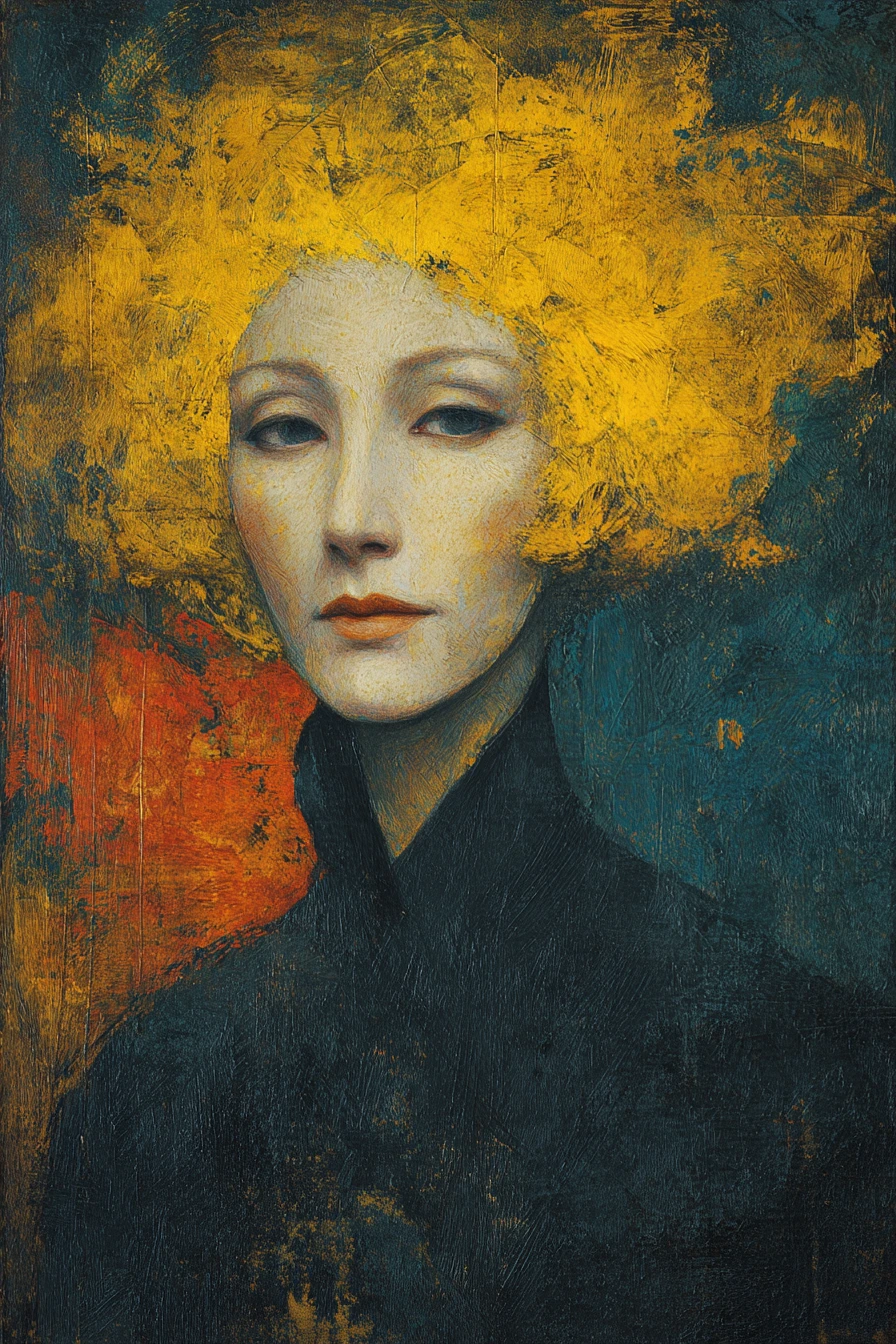 Retrato surrealista de una mujer mayor rubia en colores vivos
